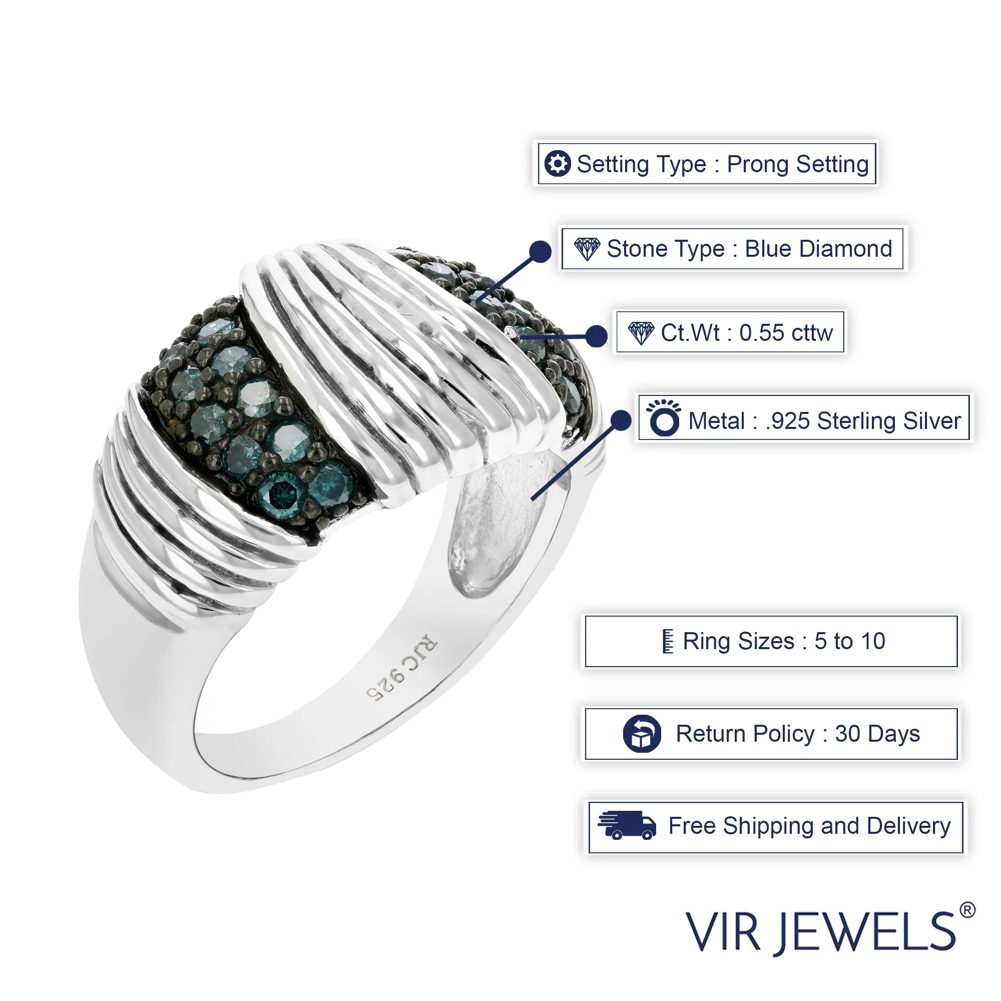 0.55 cttw Blue Diamond Ring .925 Sterling Silver with Rhodium Plating