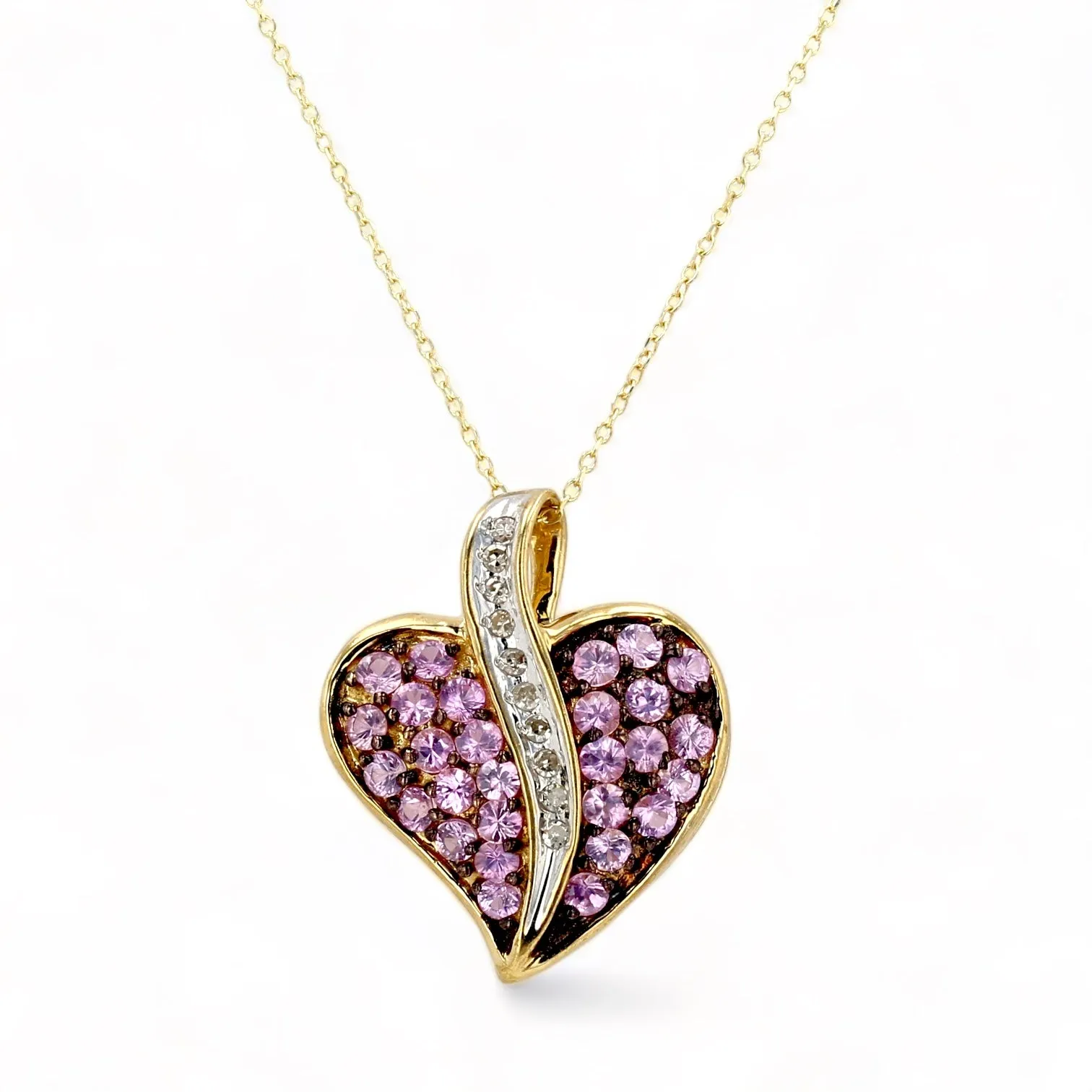 14K Yellow gold pink sapphire center white diamonds necklace-16686