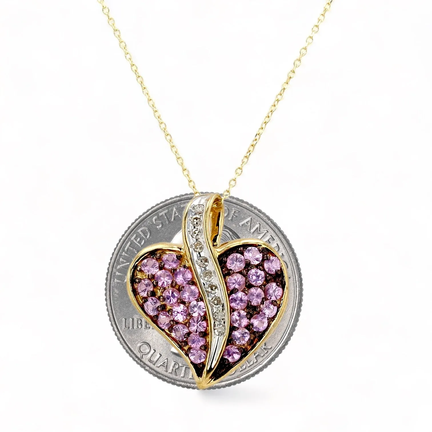 14K Yellow gold pink sapphire center white diamonds necklace-16686