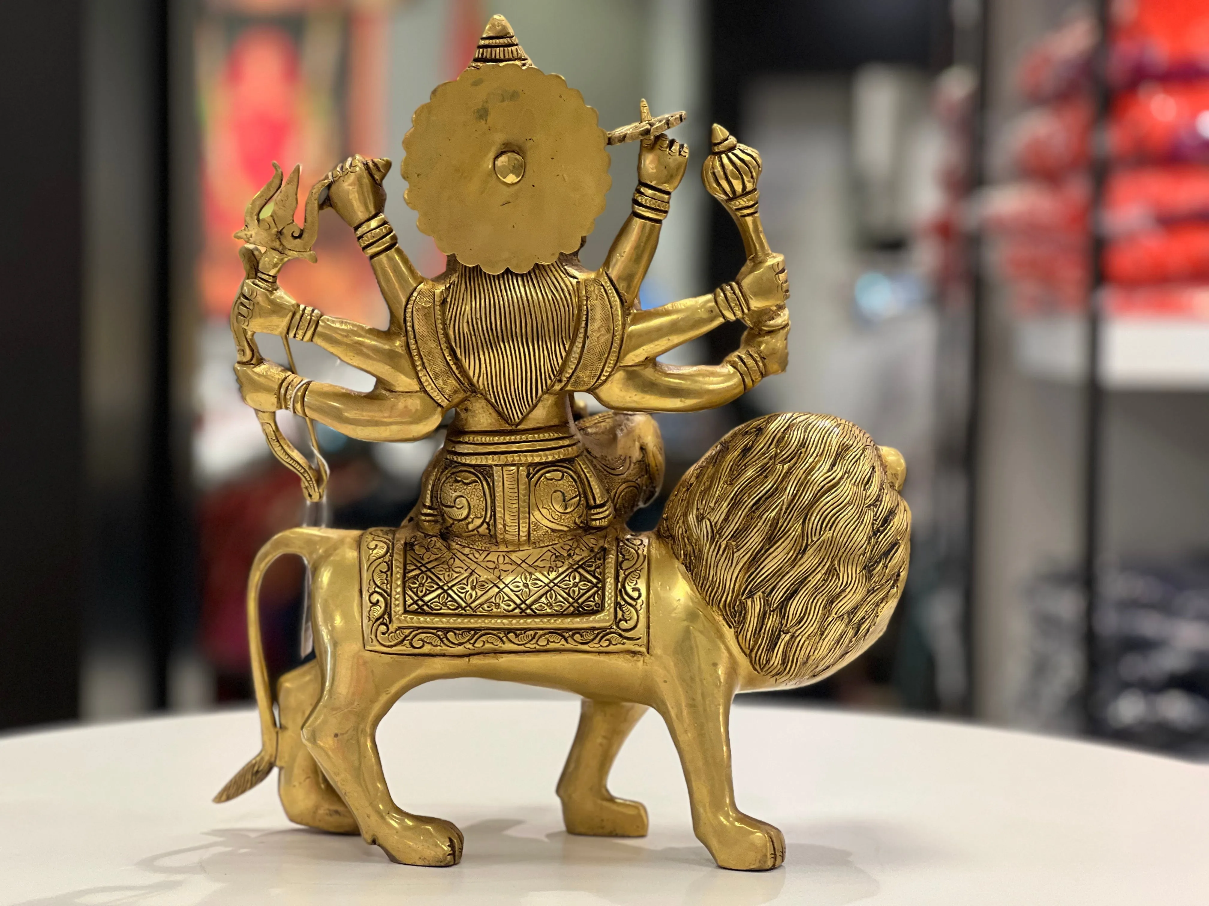 14" BRASS DURGA SITTING ON LION BRT-1 - VK