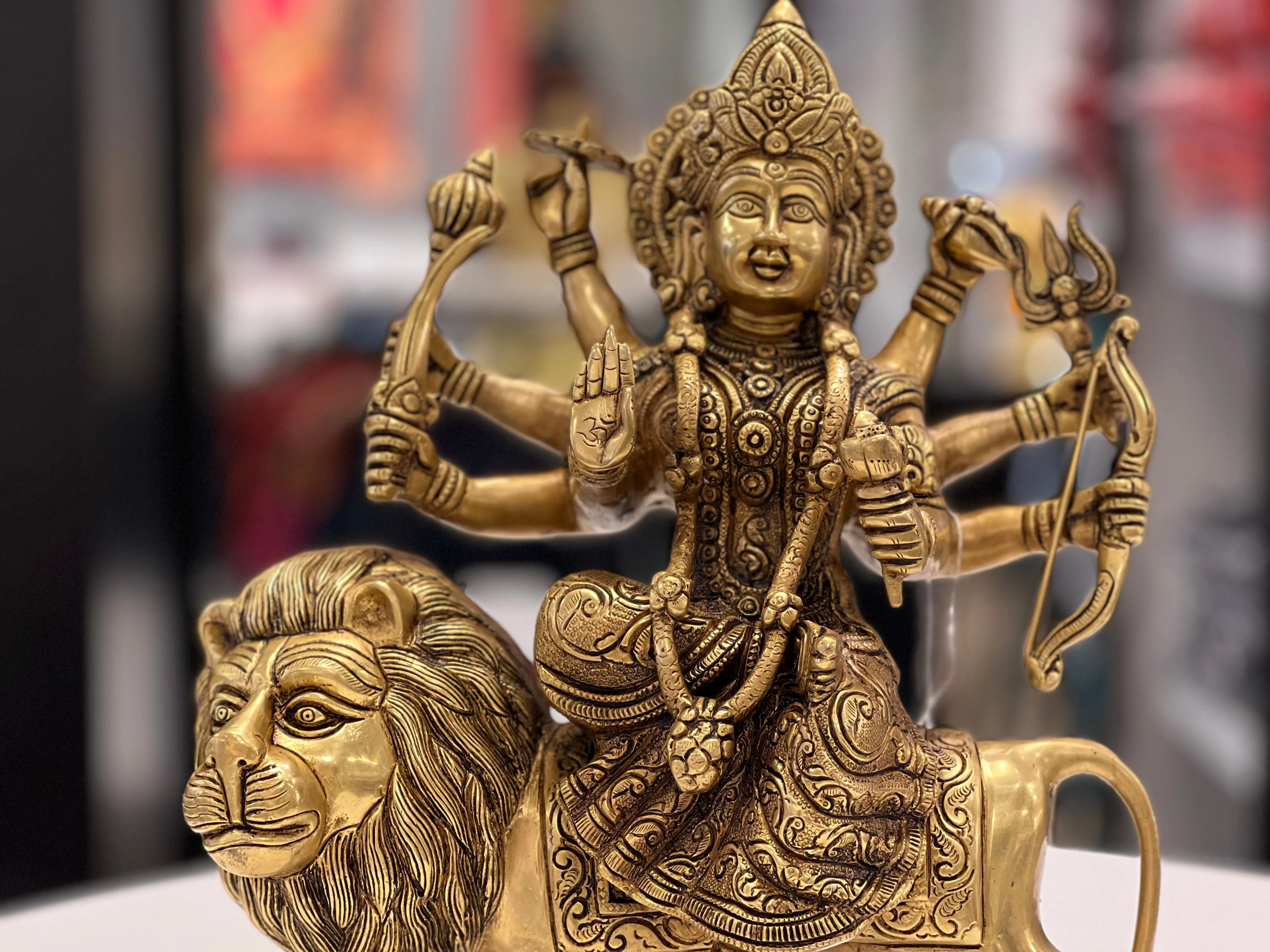 14" BRASS DURGA SITTING ON LION BRT-1 - VK