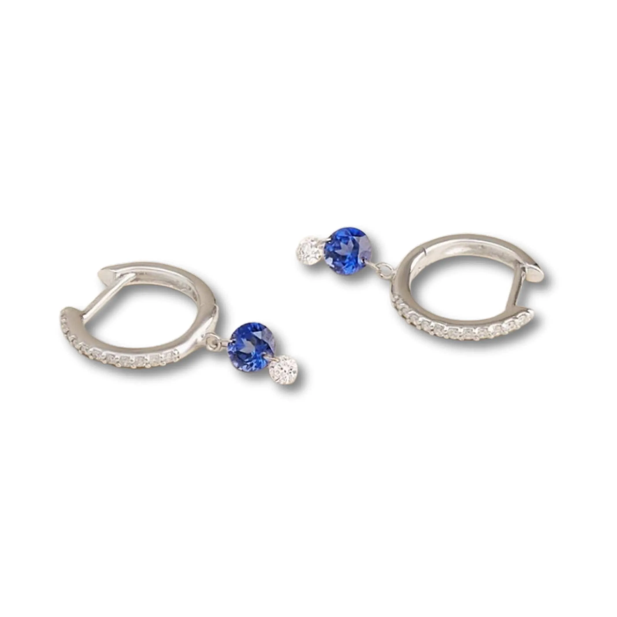 18K Gold Drilled Blue Sapphire and Pave Diamond Huggie Hoops Earrings