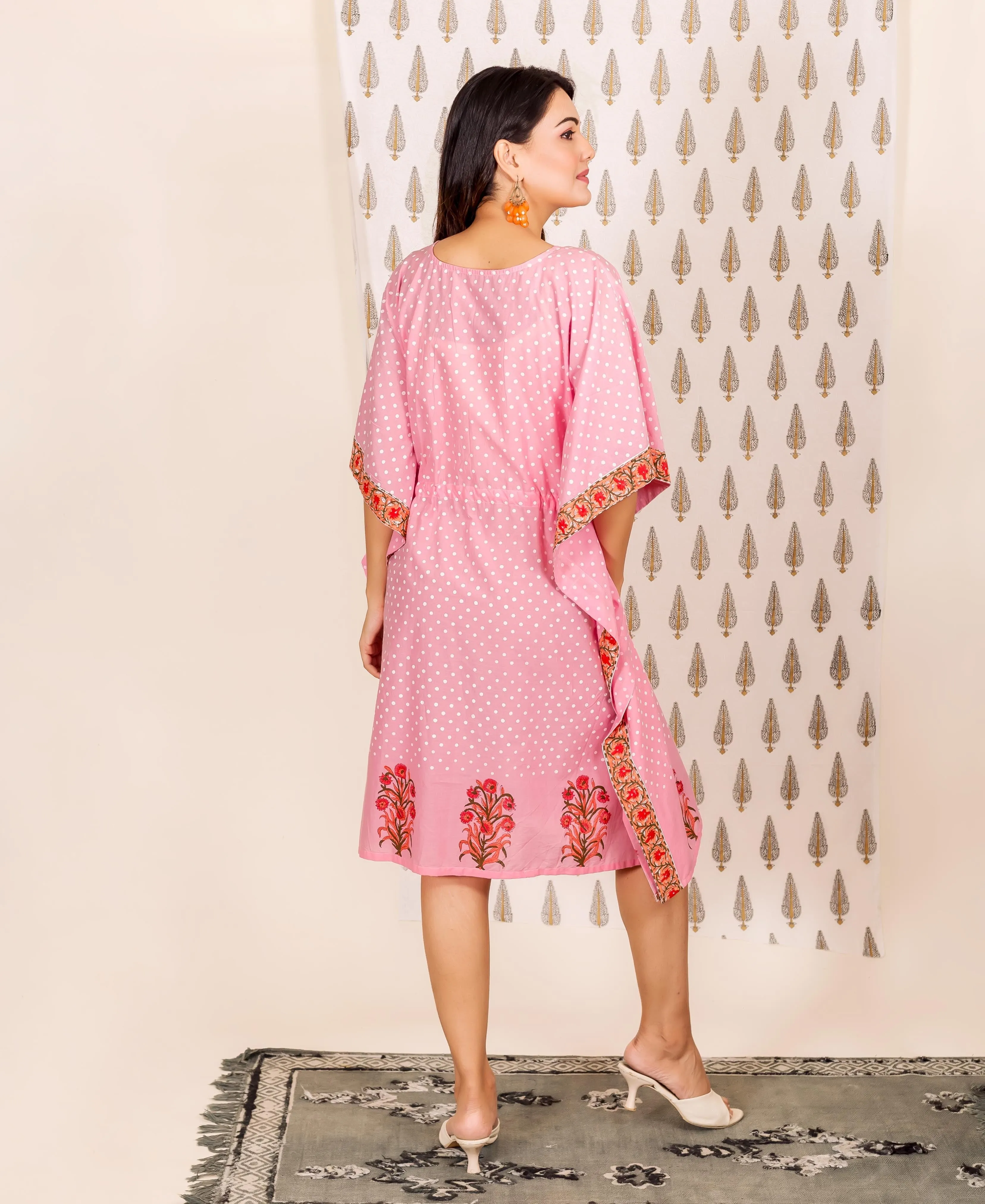 2 Piece Pink Polka Dot Printed Kaftan Set