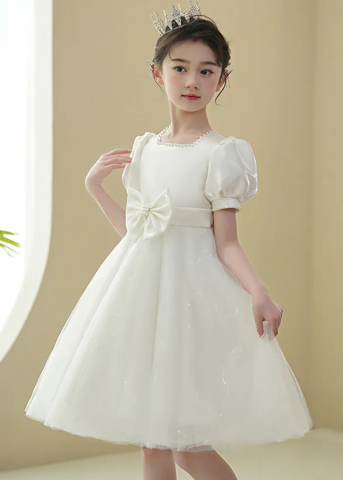 2024 New White Nail Bead Bow Tulle Girls Mid Dress Puff Sleeve XZ040