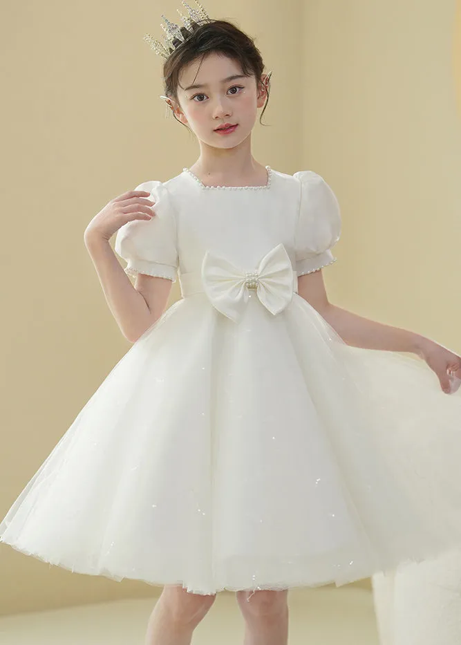 2024 New White Nail Bead Bow Tulle Girls Mid Dress Puff Sleeve XZ040