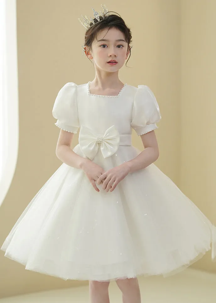 2024 New White Nail Bead Bow Tulle Girls Mid Dress Puff Sleeve XZ040