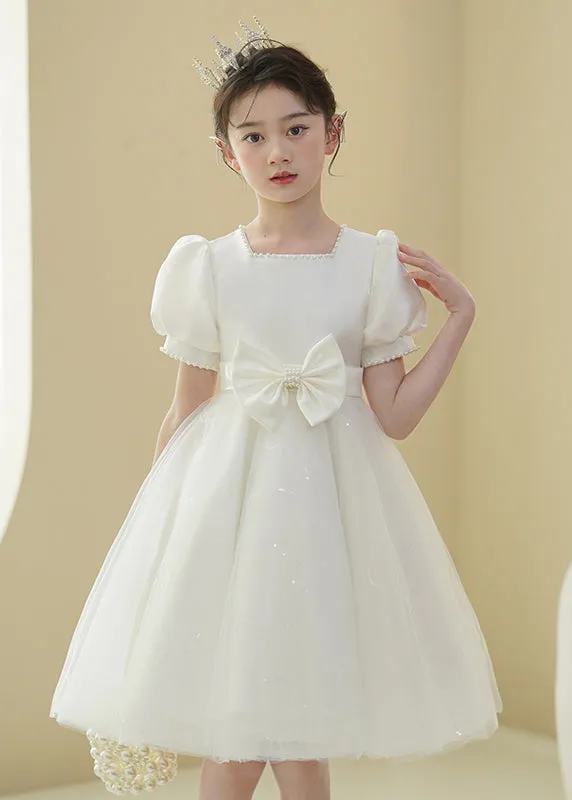 2024 New White Nail Bead Bow Tulle Girls Mid Dress Puff Sleeve XZ040