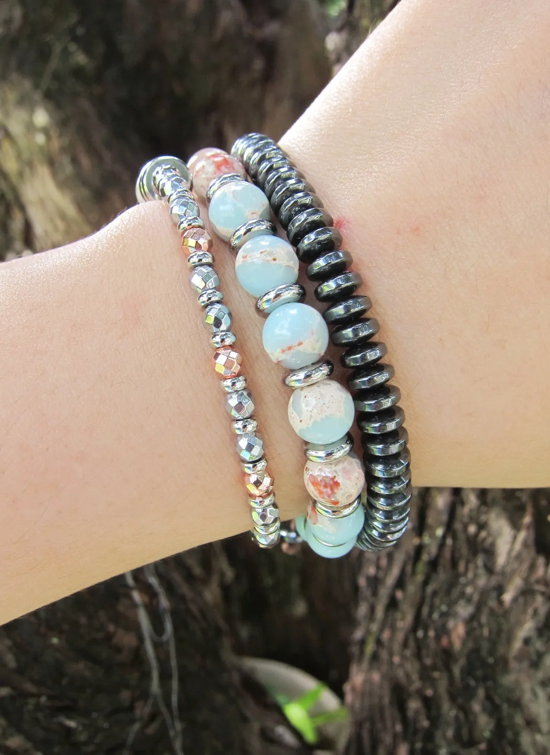 27 Bead Mala in Moonstone, Blue Morganite and Agalmatolite Jasper