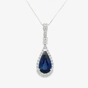 3.17CT Blue Sapphire & Diamond Pendant Teardrop Necklace