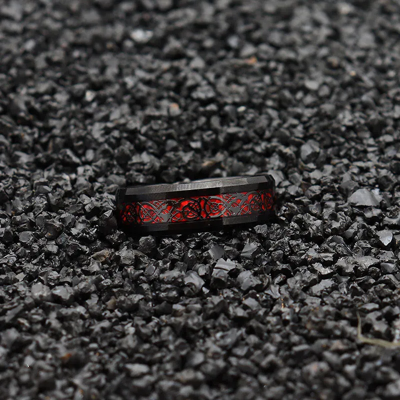 8mm Red & Black Celtic Dragon Tungsten Carbide Comfort Fit Wedding Ring