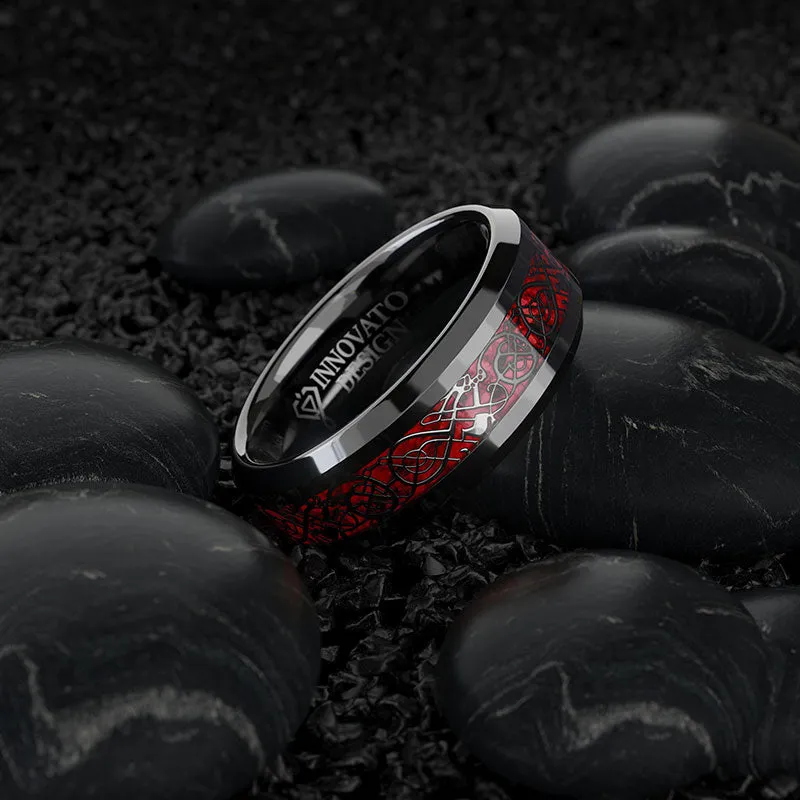 8mm Red & Black Celtic Dragon Tungsten Carbide Comfort Fit Wedding Ring