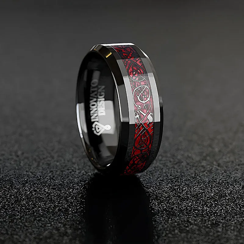 8mm Red & Black Celtic Dragon Tungsten Carbide Comfort Fit Wedding Ring