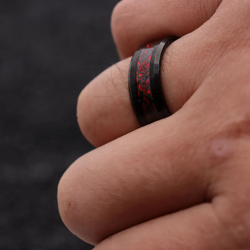 8mm Red & Black Celtic Dragon Tungsten Carbide Comfort Fit Wedding Ring