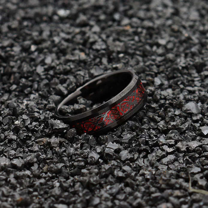 8mm Red & Black Celtic Dragon Tungsten Carbide Comfort Fit Wedding Ring