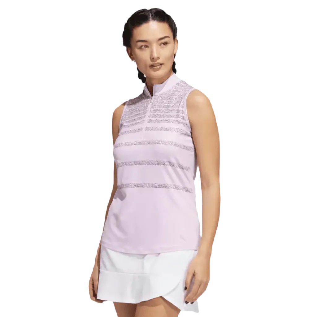 Adidas Ladies Herringbone Stripe Sleeveless Polo Shirt - Pink