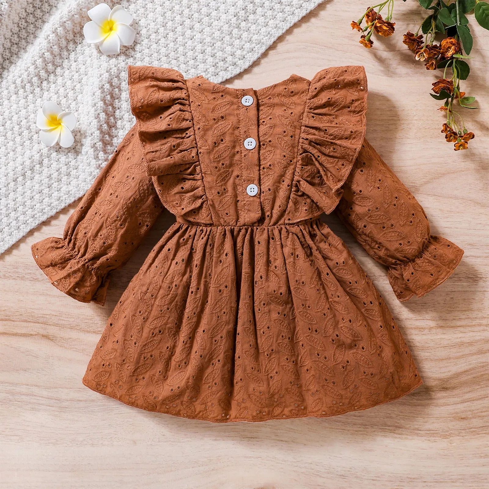 Adorable Eyelet Lace Ruffle Baby Girls Autumn Dress Layette