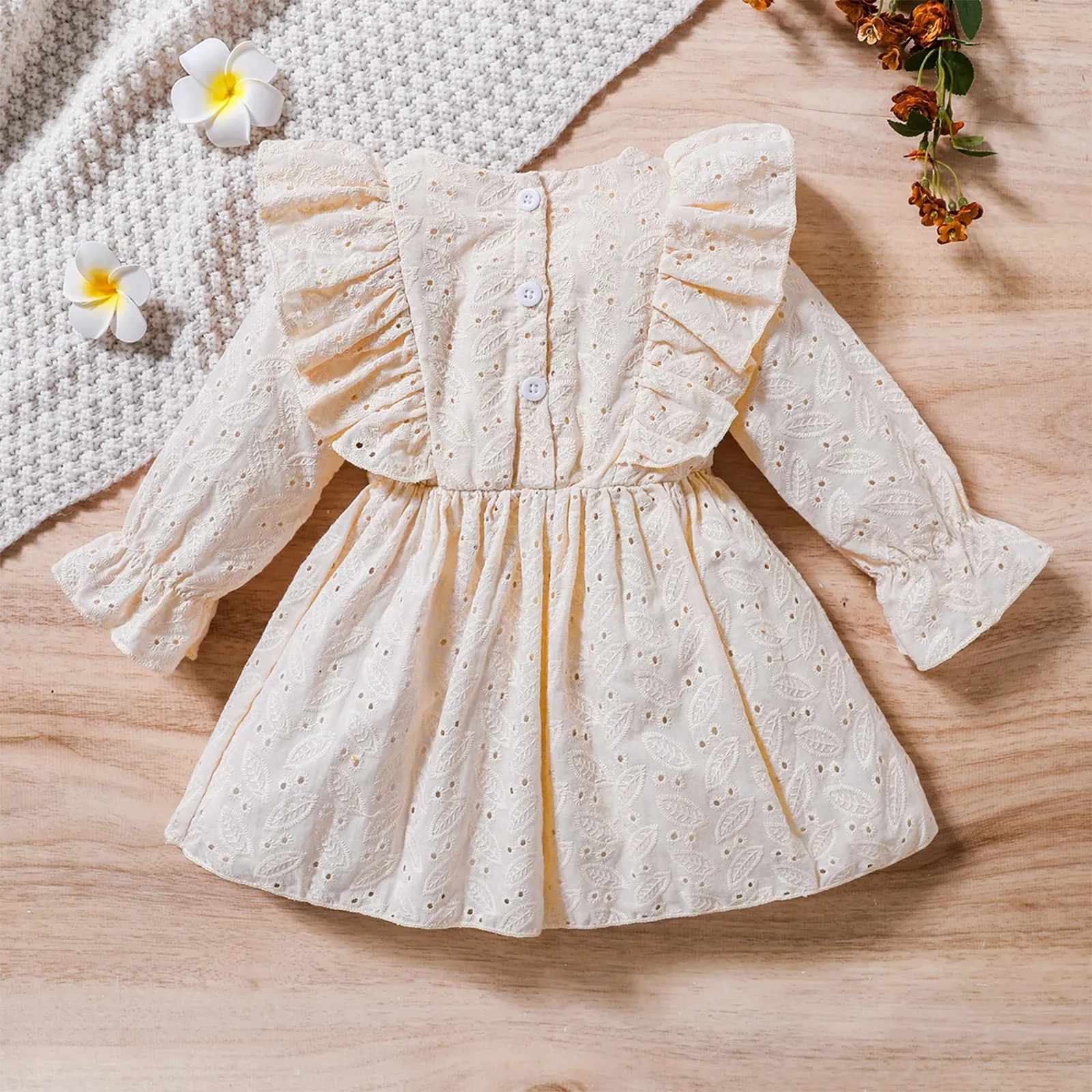 Adorable Eyelet Lace Ruffle Baby Girls Autumn Dress Layette