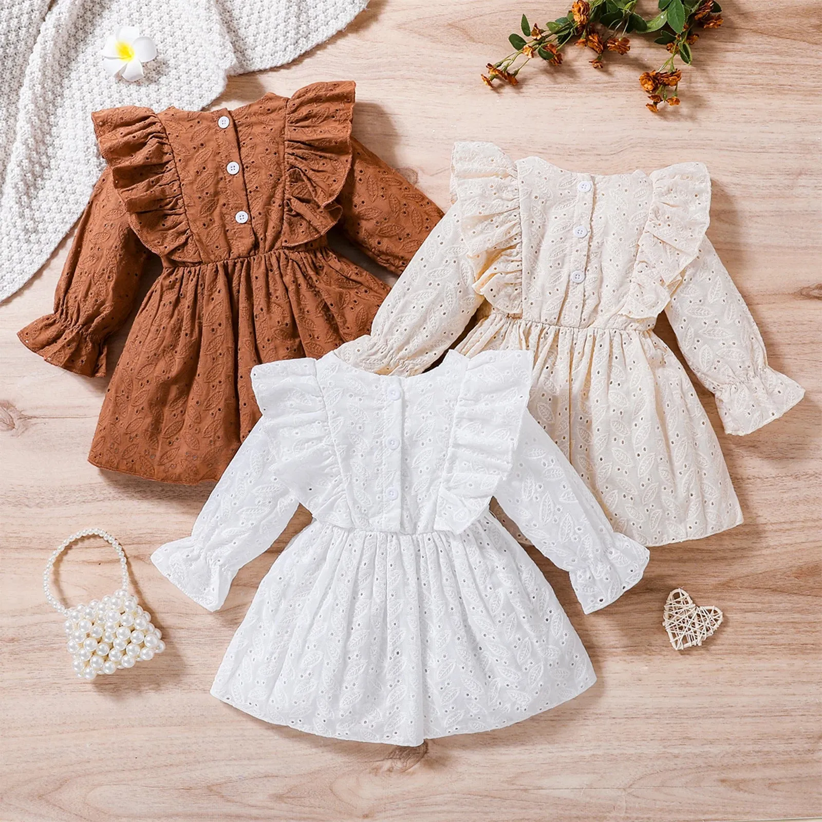 Adorable Eyelet Lace Ruffle Baby Girls Autumn Dress Layette