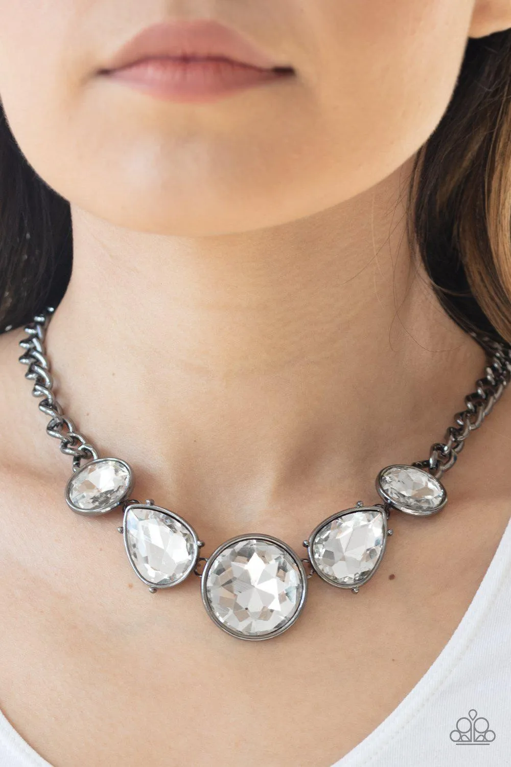 All The World's My Stage Gunmetal Black and White Rhinestone Necklace - Paparazzi Accessories