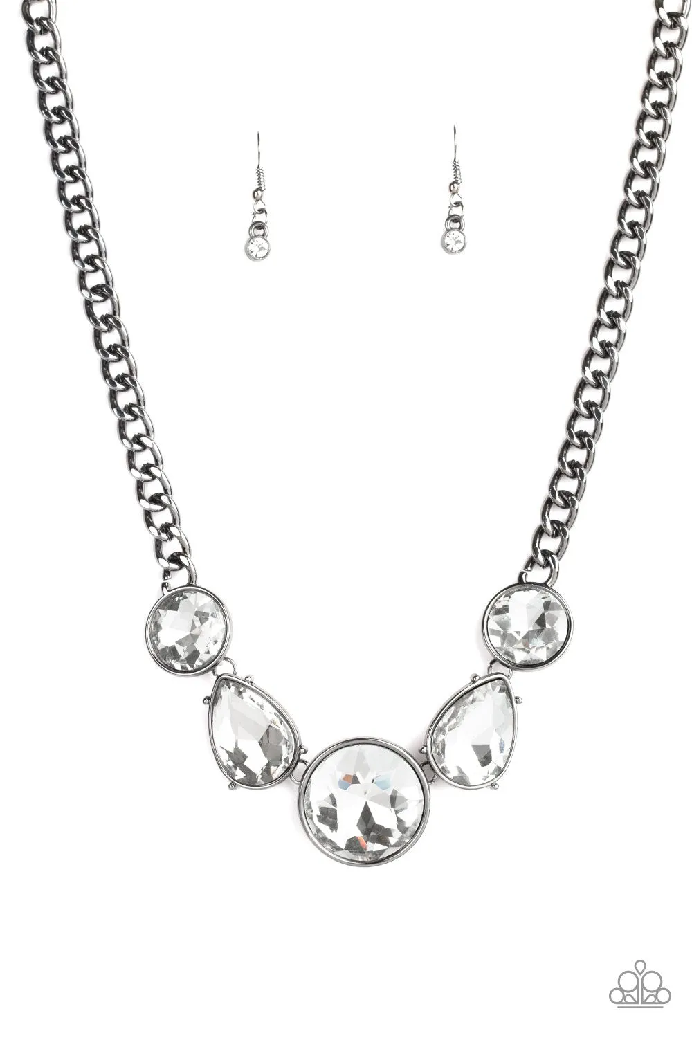 All The World's My Stage Gunmetal Black and White Rhinestone Necklace - Paparazzi Accessories