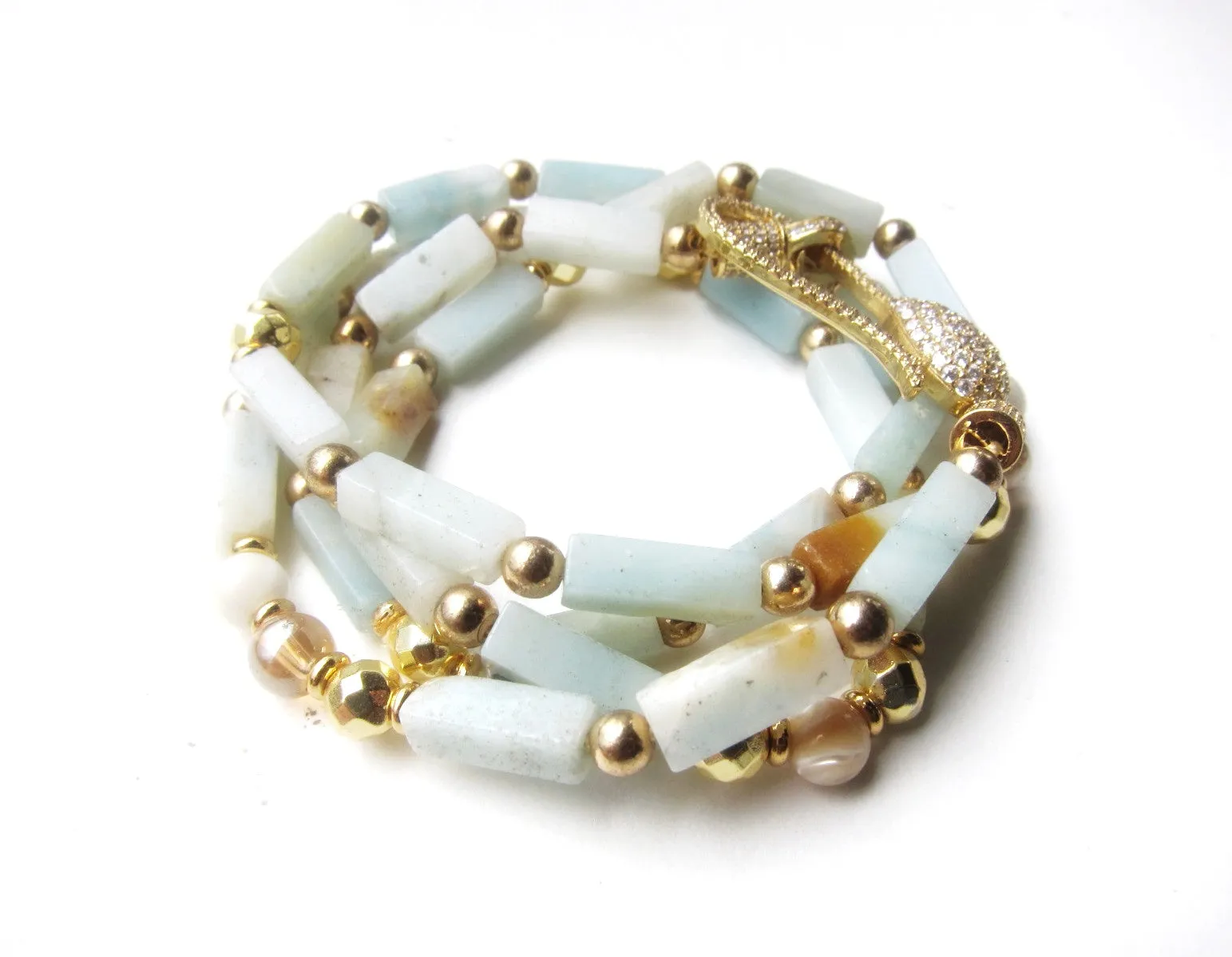 Amazonite and Mother of Pearl Necklace - finished in Gold Platinum CZ Clasp