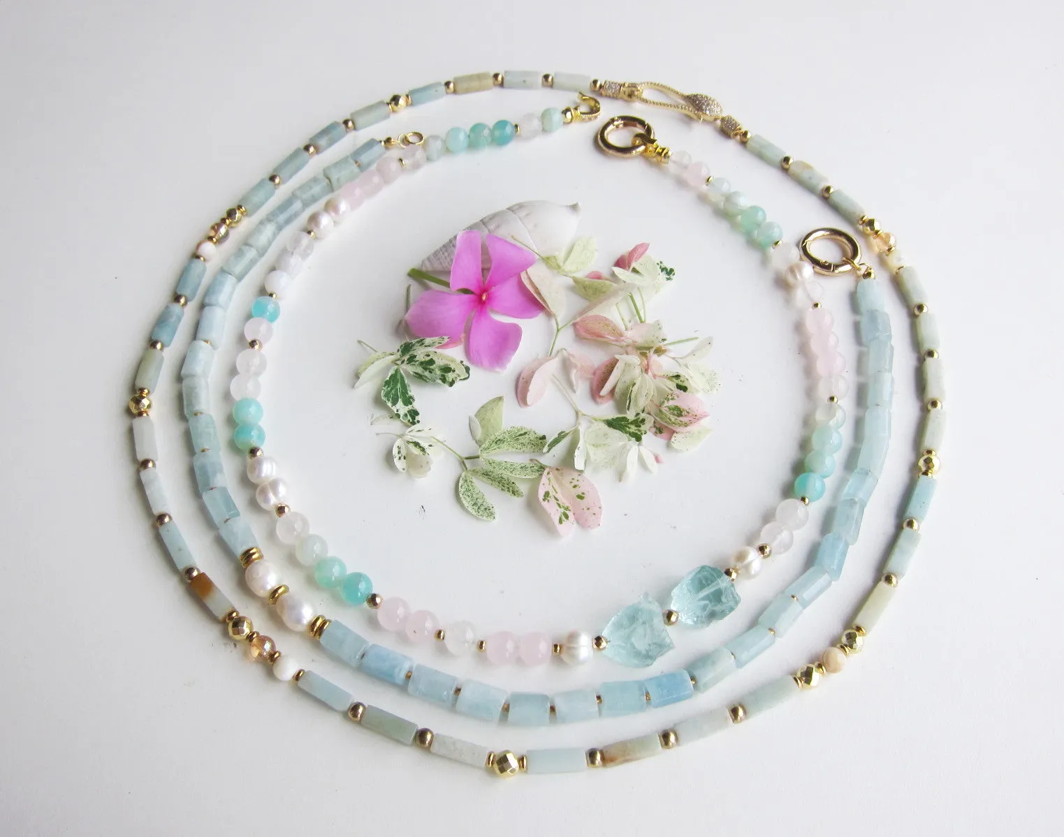 Amazonite and Mother of Pearl Necklace - finished in Gold Platinum CZ Clasp