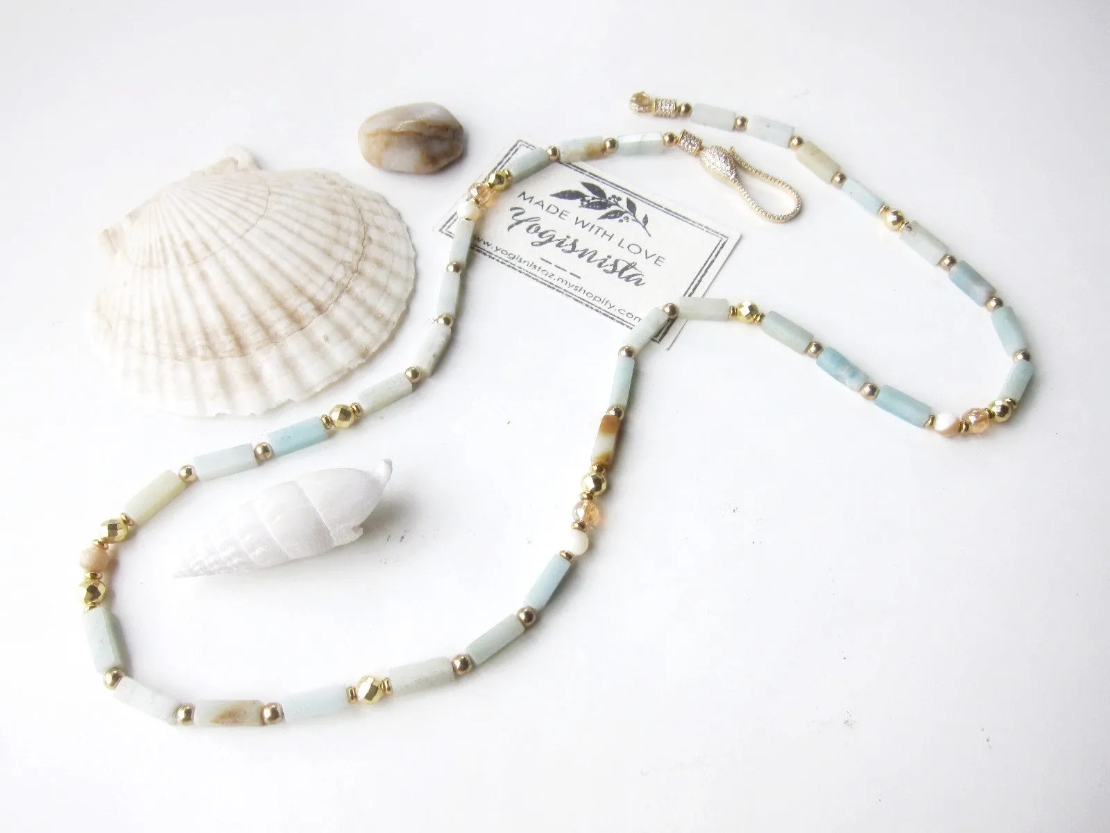 Amazonite and Mother of Pearl Necklace - finished in Gold Platinum CZ Clasp