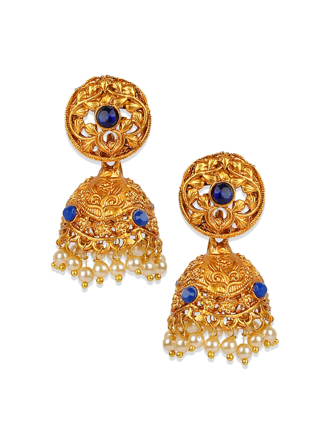 Antique Matte Gold Finish Blue Stone Studded Temple Jewellery Set - Anikas Creation