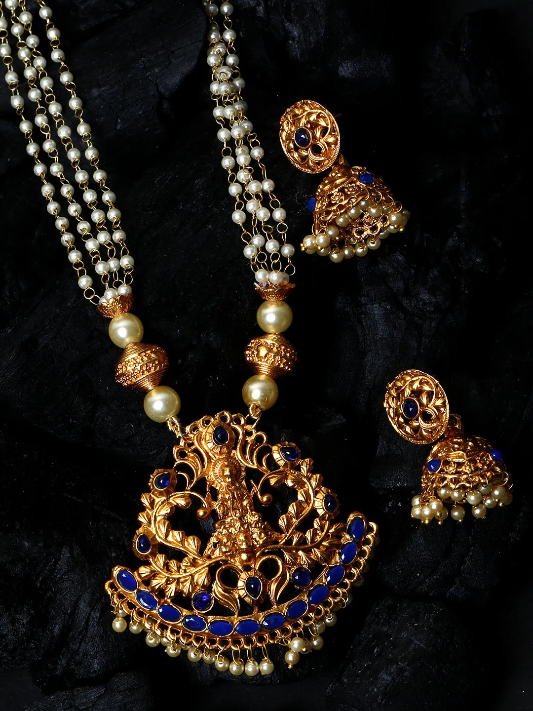 Antique Matte Gold Finish Blue Stone Studded Temple Jewellery Set - Anikas Creation