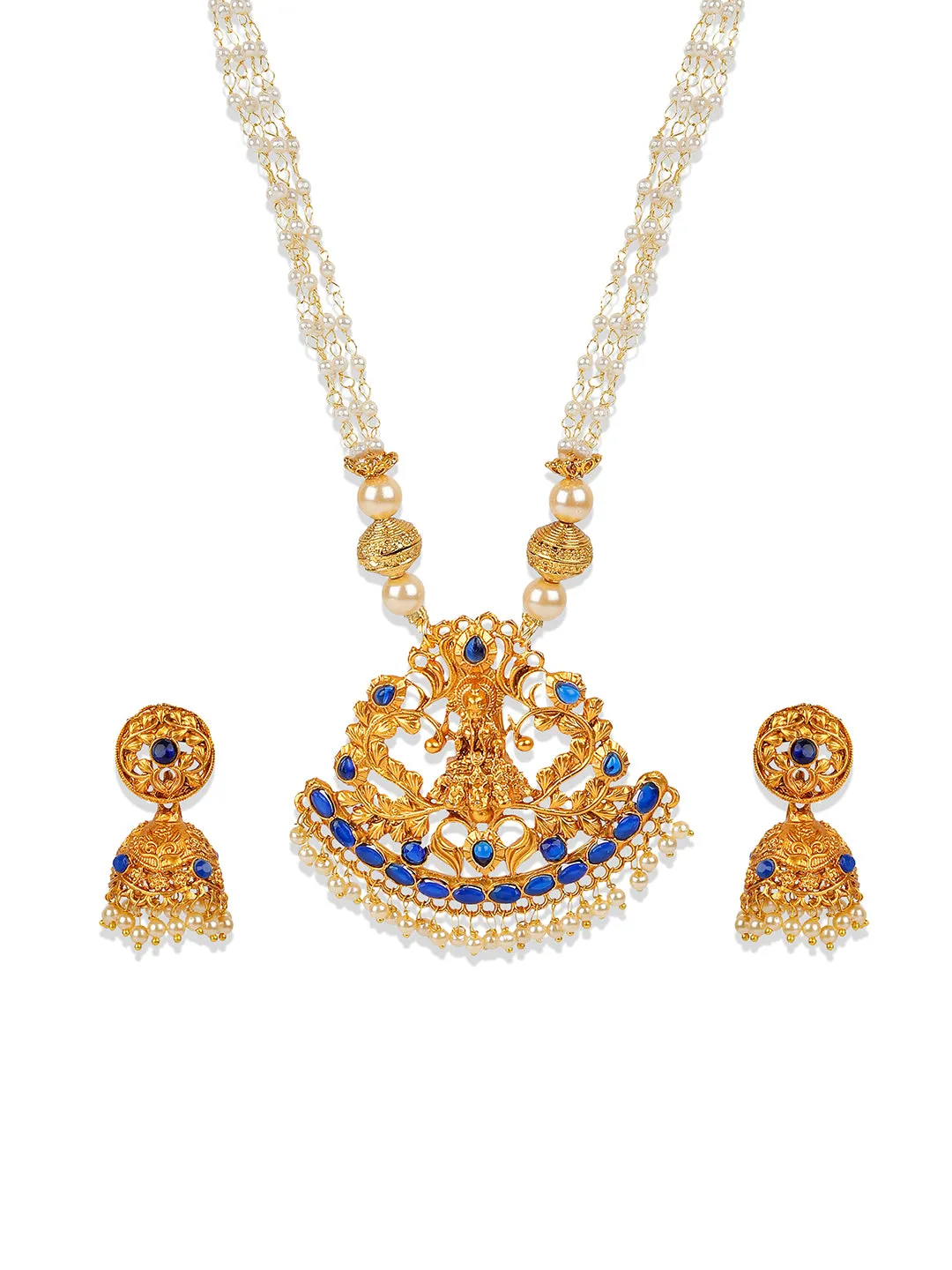 Antique Matte Gold Finish Blue Stone Studded Temple Jewellery Set - Anikas Creation