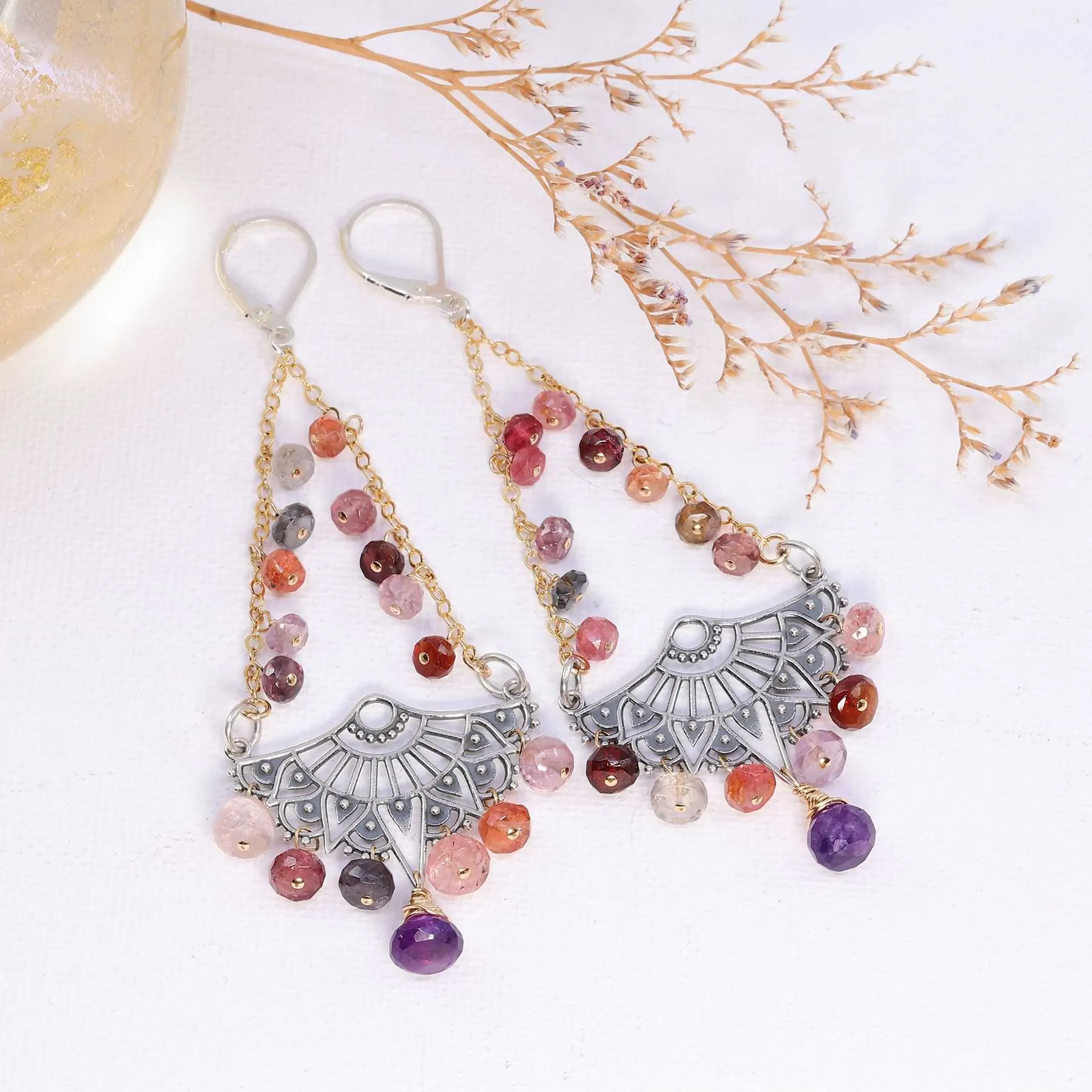 Autumn in Dusk - Multi-Spinel Silver Chandelier Earrings