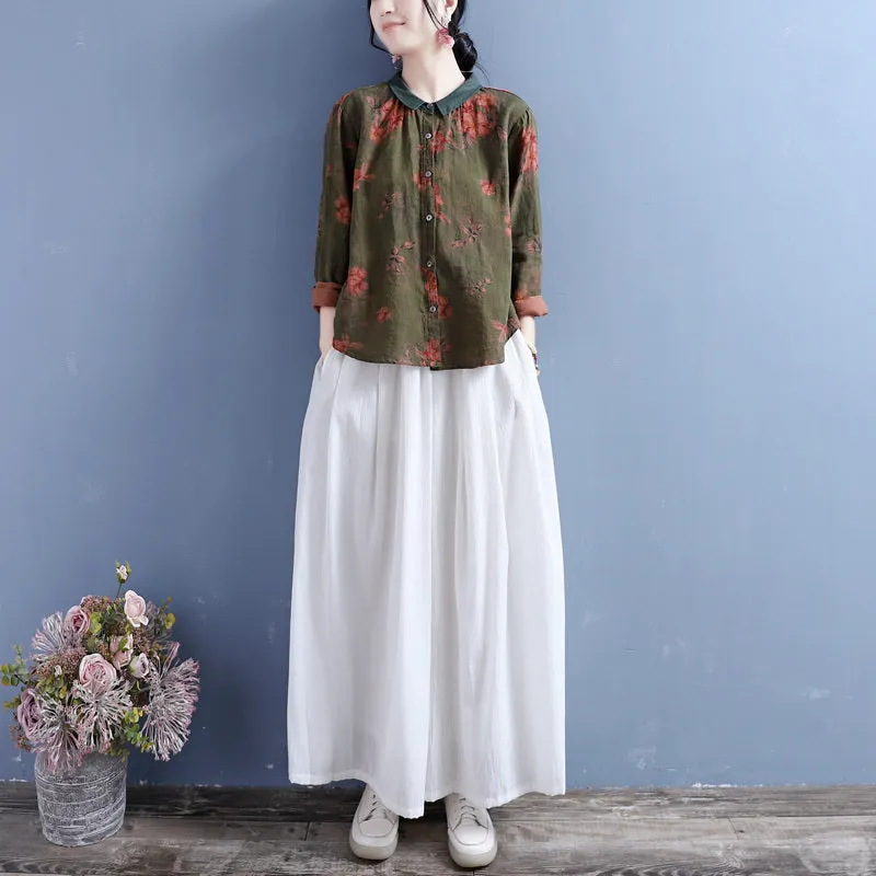 Autumn Linen Retro Print Loose Long Sleeve Blouse