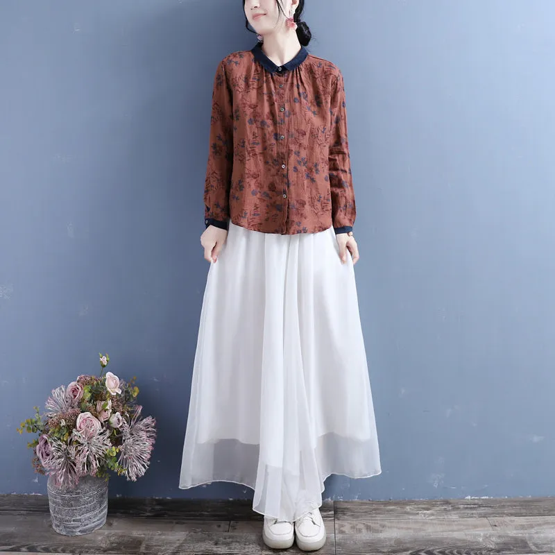 Autumn Linen Retro Print Loose Long Sleeve Blouse