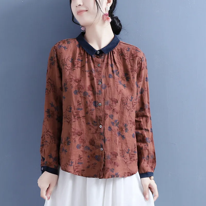 Autumn Linen Retro Print Loose Long Sleeve Blouse