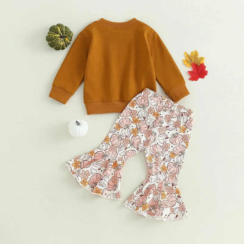 Baby Girls Western Autumn HELLO PUMPKIN Ribbed Bell Bottoms Outfit