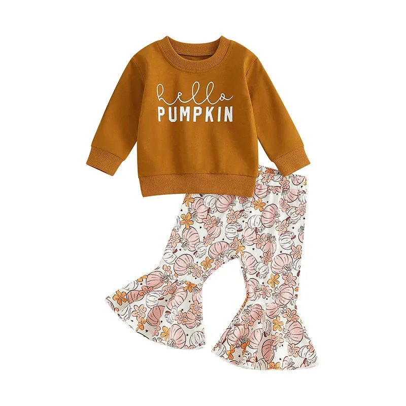 Baby Girls Western Autumn HELLO PUMPKIN Ribbed Bell Bottoms Outfit