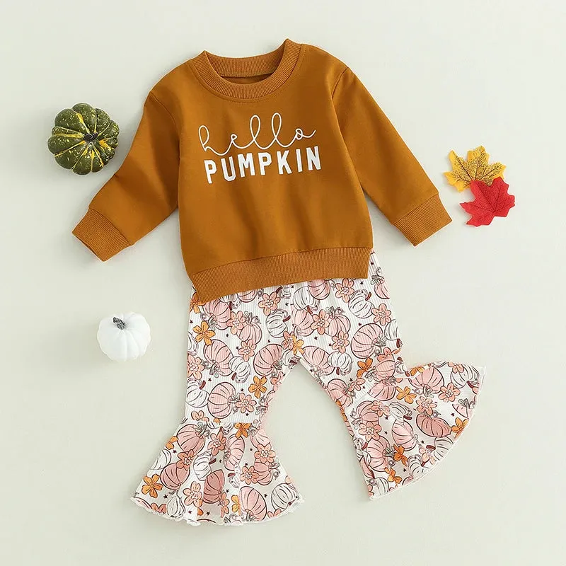 Baby Girls Western Autumn HELLO PUMPKIN Ribbed Bell Bottoms Outfit