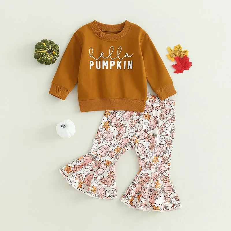 Baby Girls Western Autumn HELLO PUMPKIN Ribbed Bell Bottoms Outfit