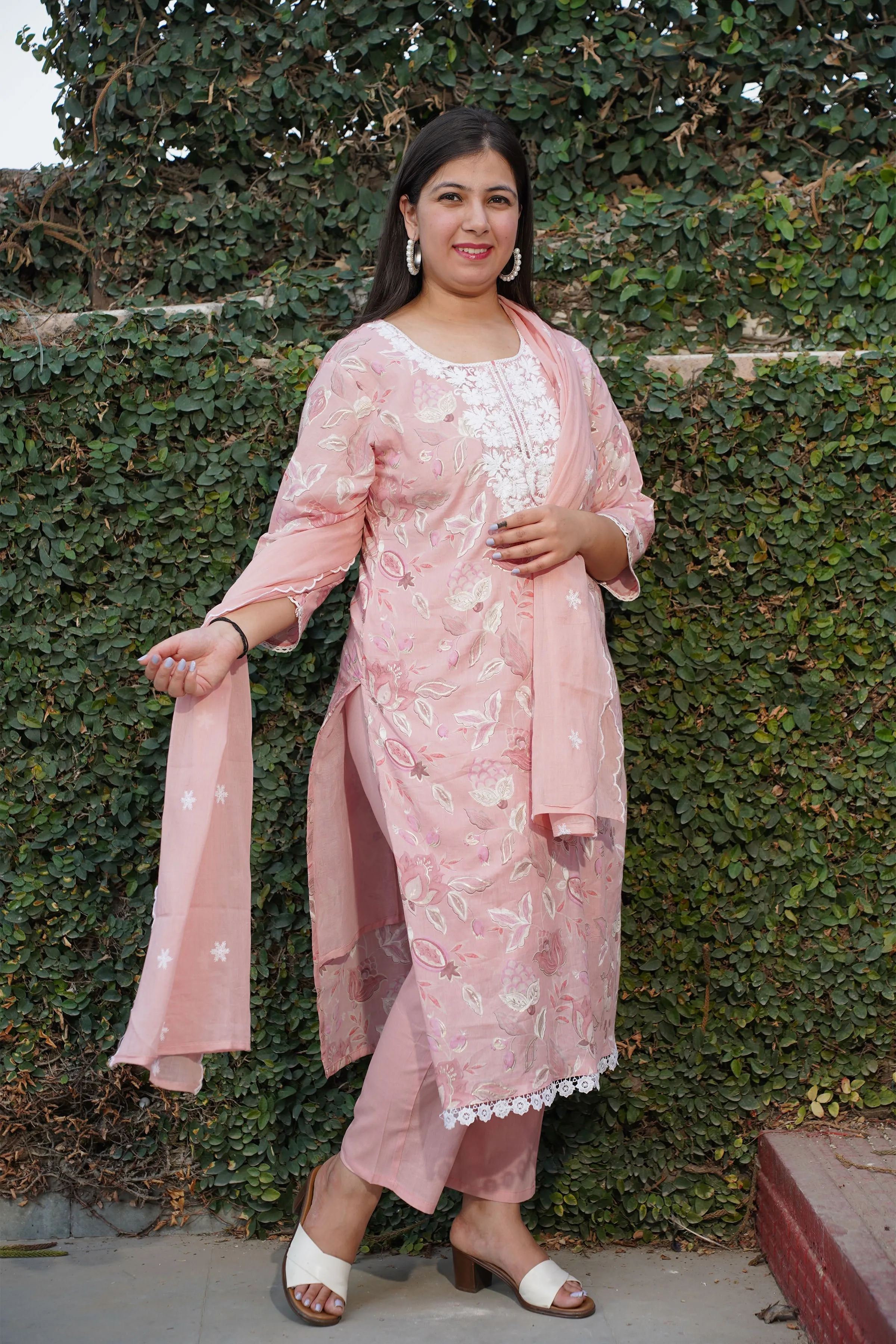 Baby Pink Floral Mul Cotton Suit Set