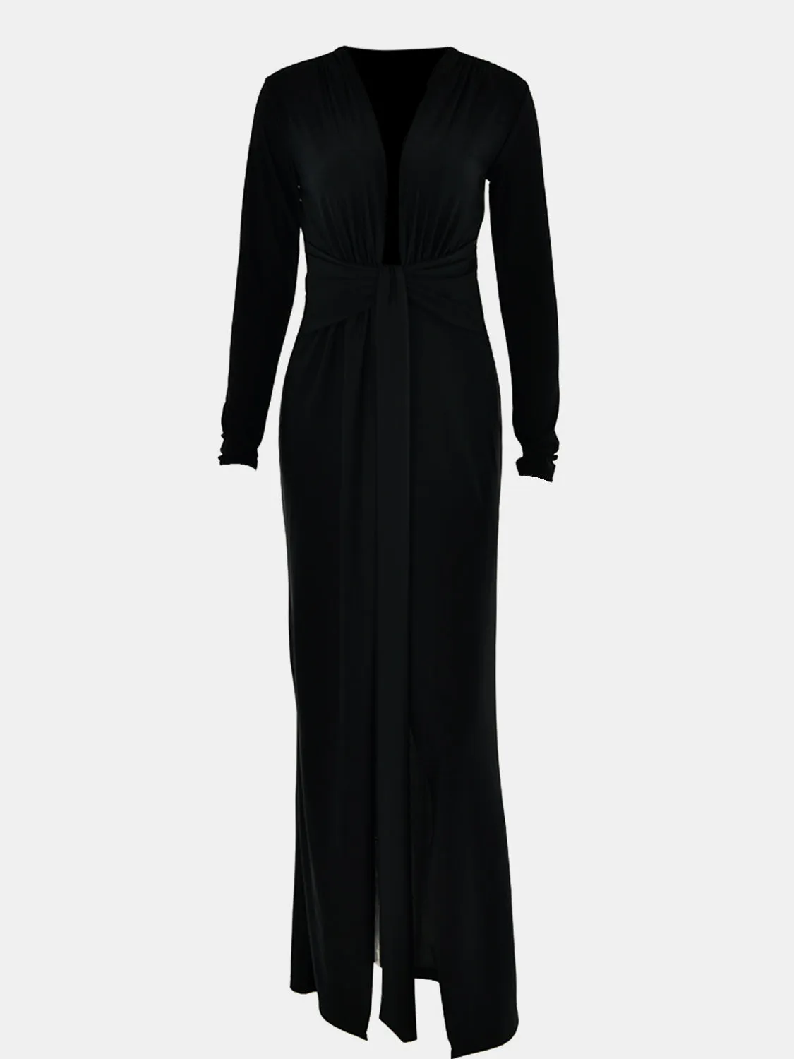 Beach Wedding Guest Attire for Women: Elegant Long-Sleeve Dress with Plunge Neckline and Ruched Slit