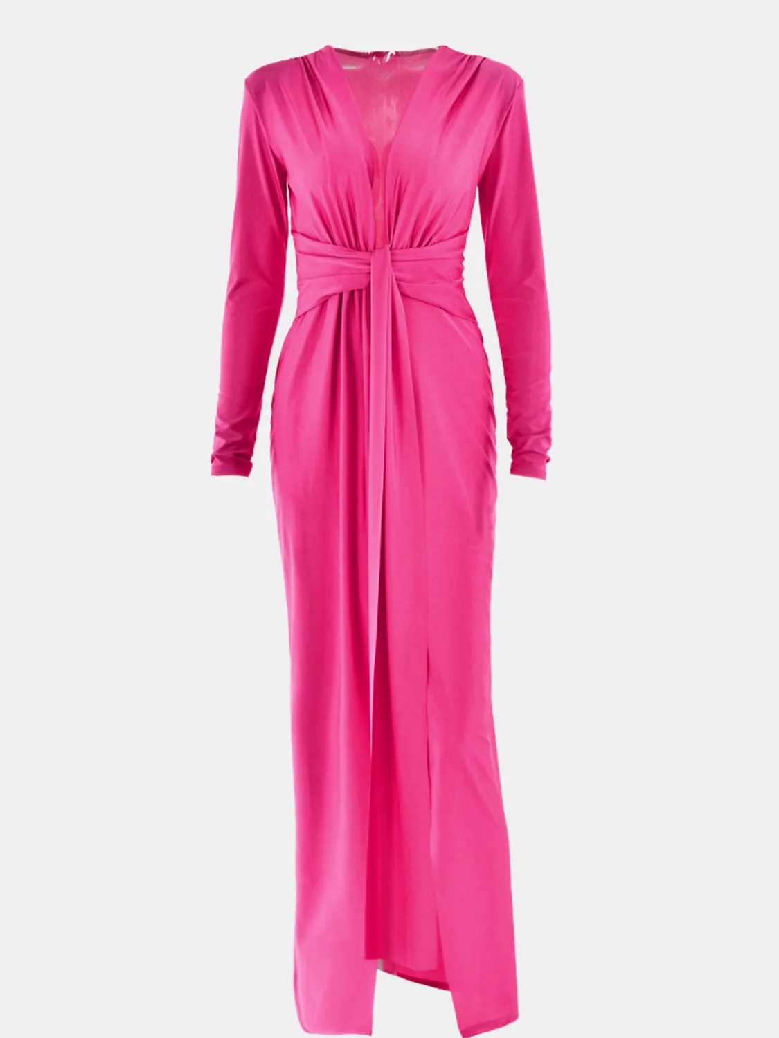 Beach Wedding Guest Attire for Women: Elegant Long-Sleeve Dress with Plunge Neckline and Ruched Slit