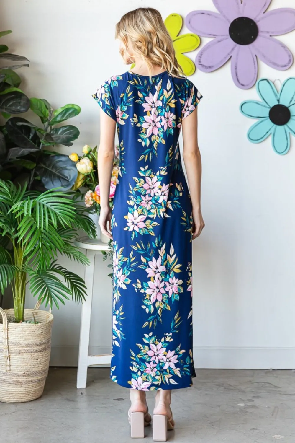 Beach Wedding Guest Elegance: Royal Full-Size Floral Dress with Short Sleeves and Graceful Slit