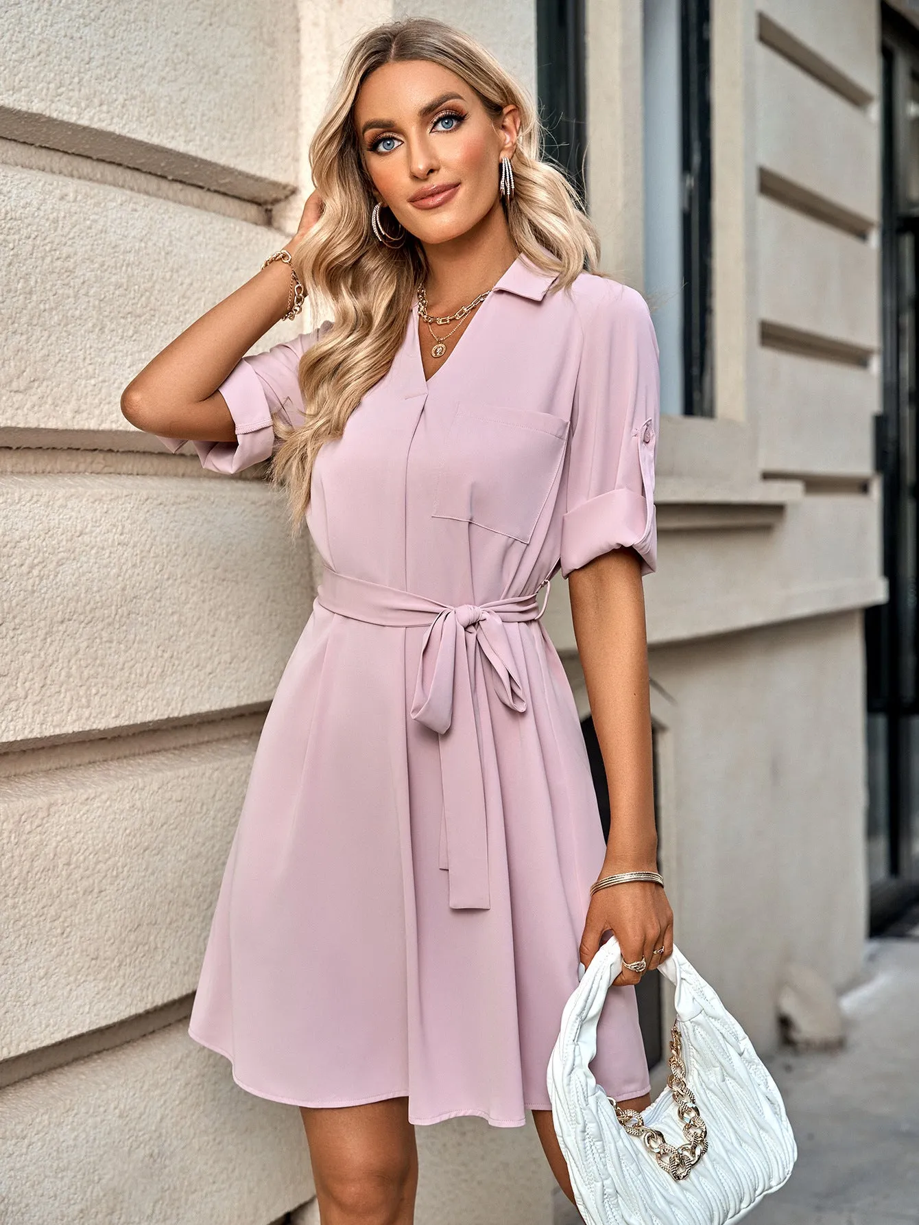 Beautiful Three Quarter Sleeve Belted Shift Dress