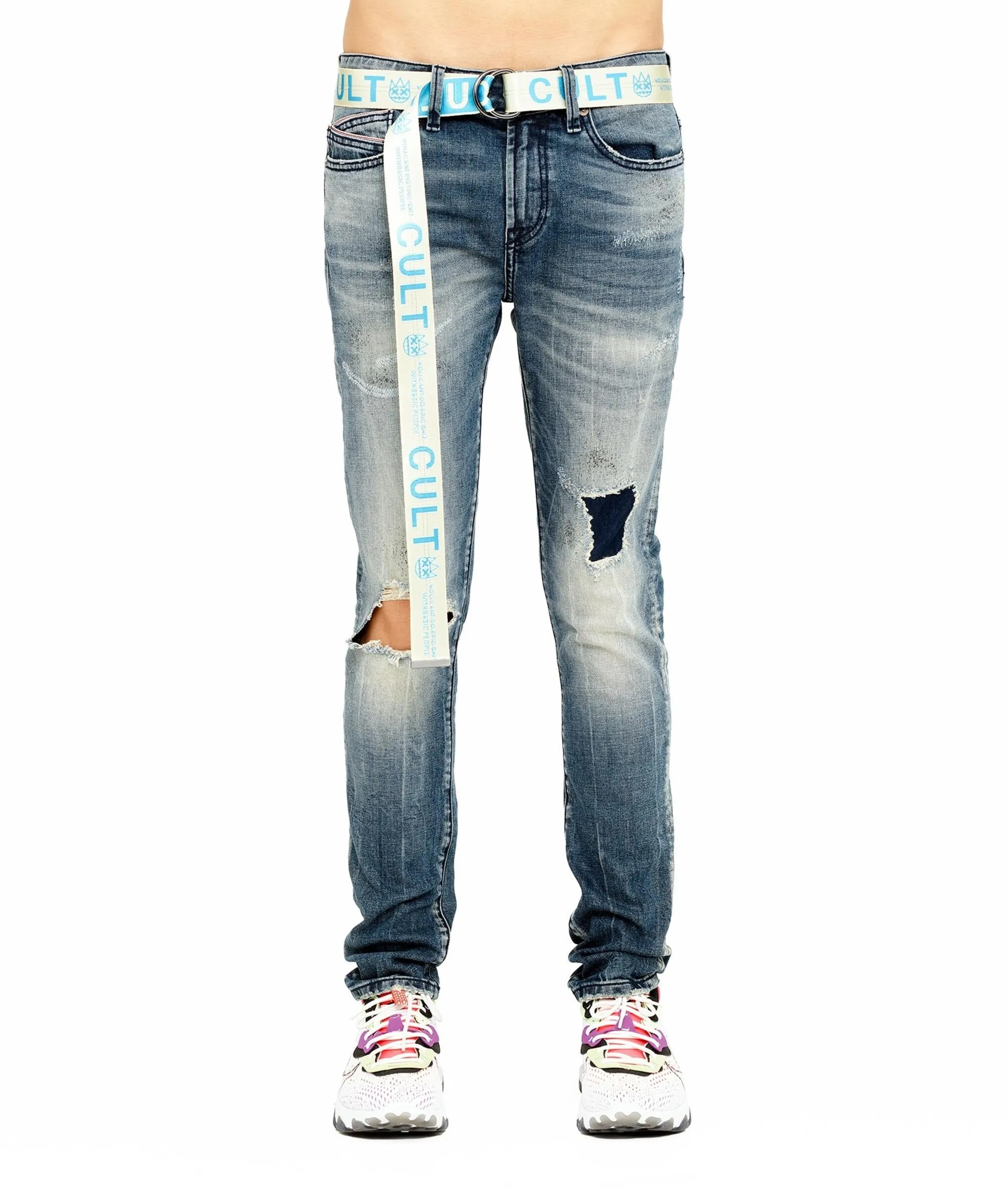 Belted Knee Rip Skinny Denim (Moss Blue) /C8