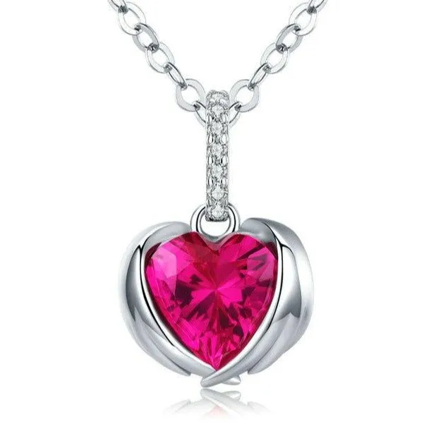 Big Red Guardian Heart Cubic Zirconia 925 Sterling Silver Pendant Necklace