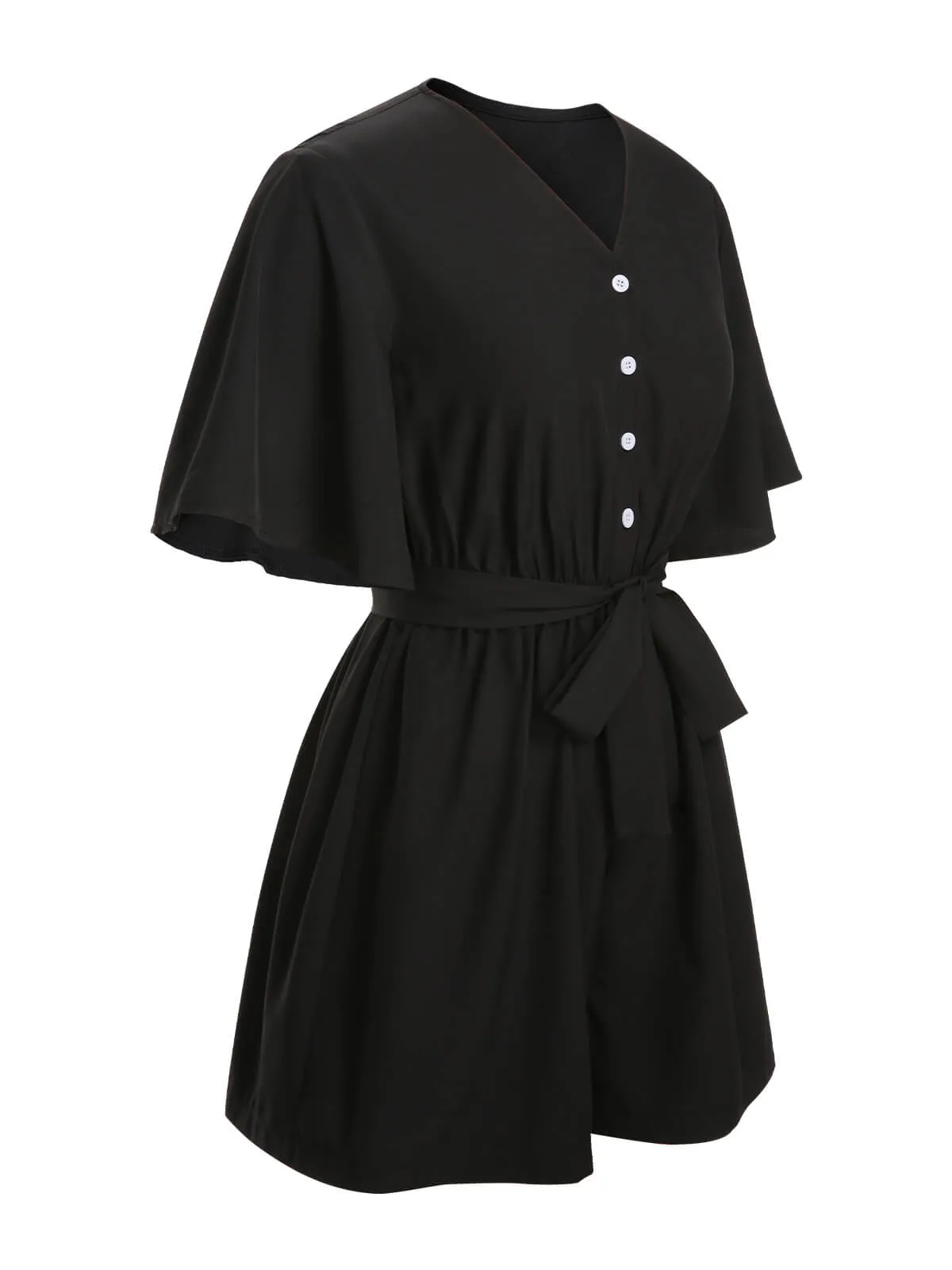 Black 1960s Solid Flare Sleeve V-Neck Romper