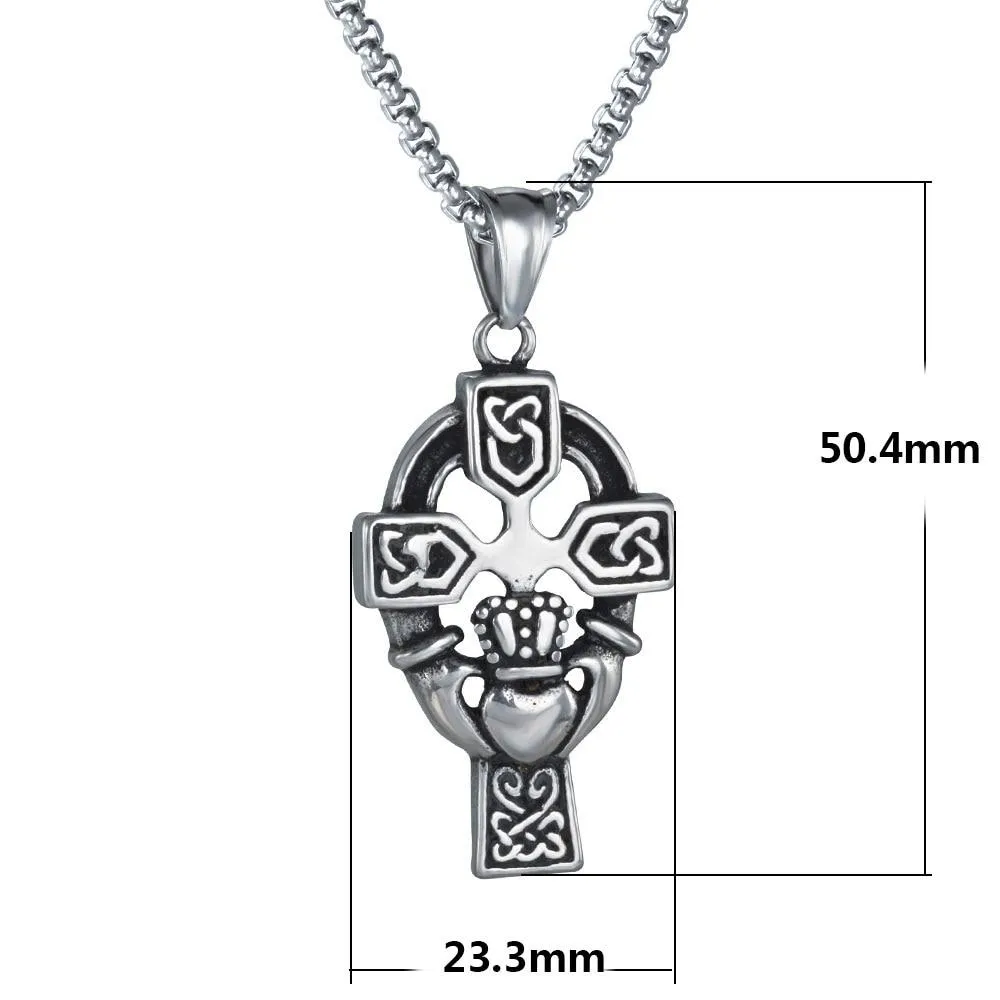 Black & Silver Celtic Knot Cross Claddagh Pendant Necklace