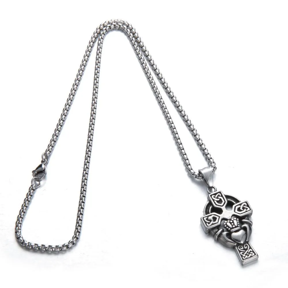 Black & Silver Celtic Knot Cross Claddagh Pendant Necklace