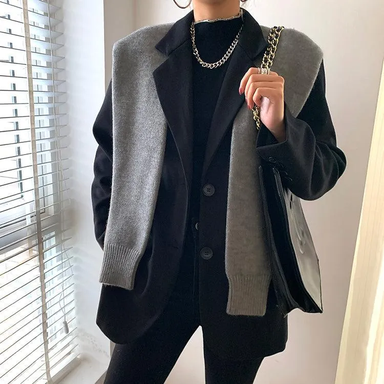 Black Blazer With Gray Knitted Shawls Coat