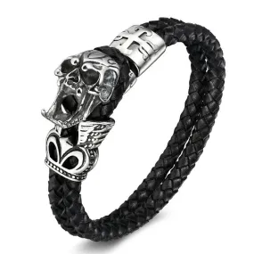 Black Two Strand Braided Leather Skull with Cross and Crown Bracelet